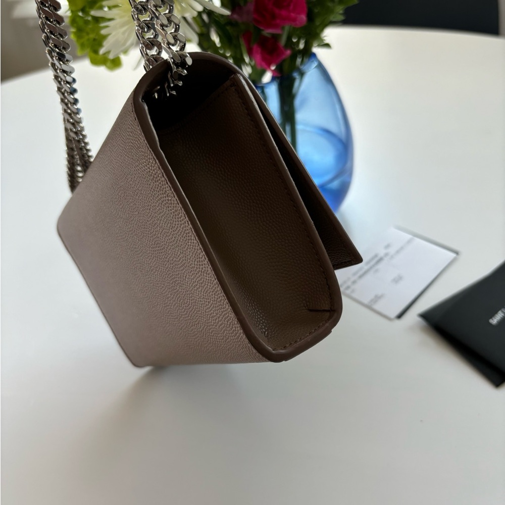 YSL Small Kate Leather Chain Flap Bag Grained Crossbody Taupe Brown Fleur - Picture 6 of 13